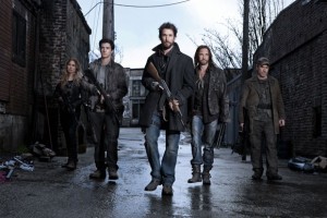 Sarah Carter, Drew Roy, Noah Wyle, Colin Cunningham and Will Patton in Falling Skies.