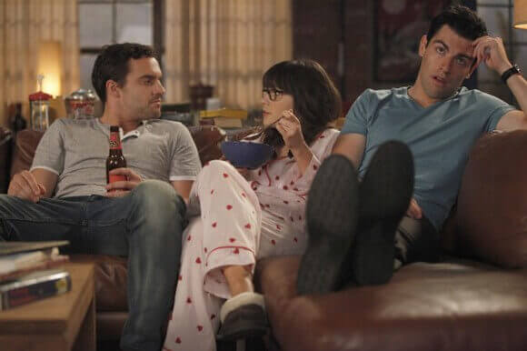 Jake M Johnson, Zooey Deschanel and Max Greenfield in New Girl