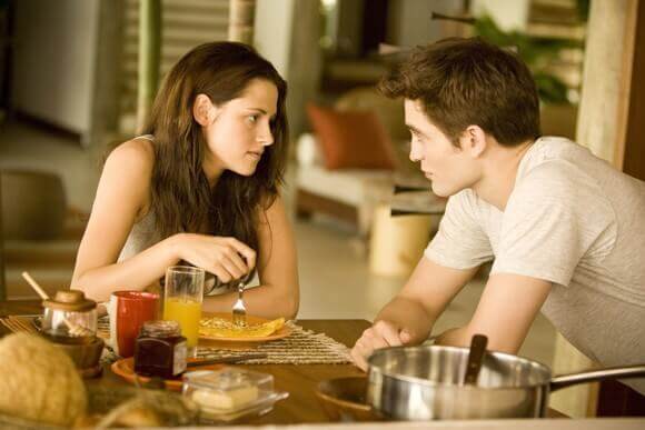 Kristen Stewart and Robert Pattinson in a scene from Breaking Dawn Part 1.
