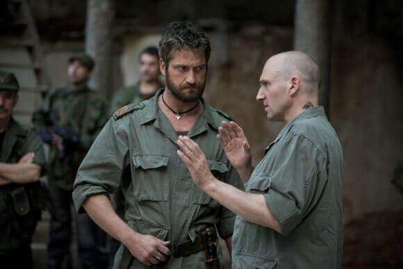 Gerard Butler and actor/director Ralph Fiennes on the set of Coriolanus