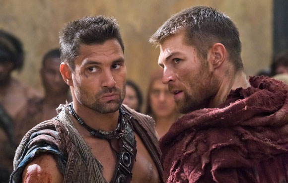Manu Bennett as Crixus and Liam McIntyre as Spartacus in 'Spartacus: Vengeance'