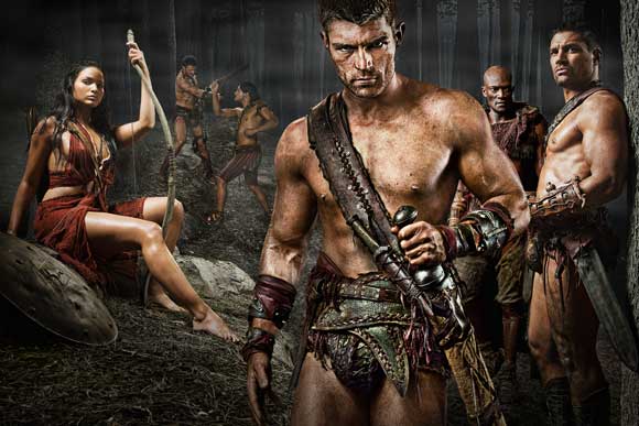 Katrina Law as Mira, Liam McIntyre as Spartacus, Peter Mensah as Oenomaus, & Manu Bennett as Crixus