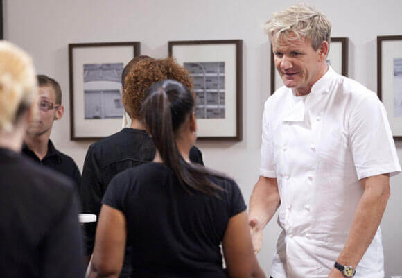 Chef Gordon Ramsay (R) travels to Atlanta, GA, to help the owners and staff of Park's Edge in the Feb 3, 2012 episode of 'Kitchen Nightmares'