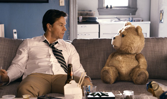 Mark Wahlberg and Ted in a scene from Ted.