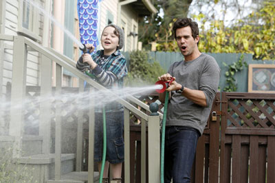 Benjamin Stockham as Marcus and David Walton as Will in 'About a Boy'