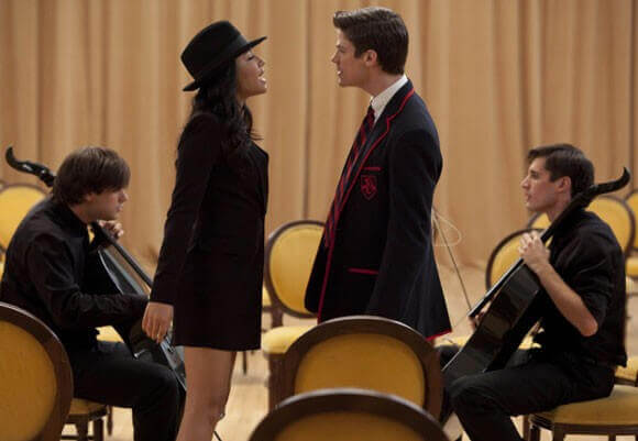 Santana (Naya Rivera) and Sebastian (Grant Gustin) perform with 2Cellos (Sulic, L and Hauser, R) in the "Michael" episode of GLEE