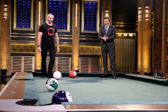 Hugh Jackman and Jimmy Fallon Compete in Pool Bowling